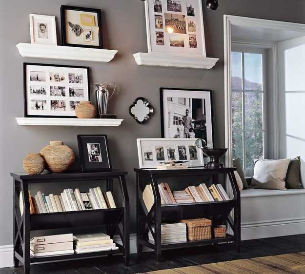  Wall shelves with framed art prints and paintings 