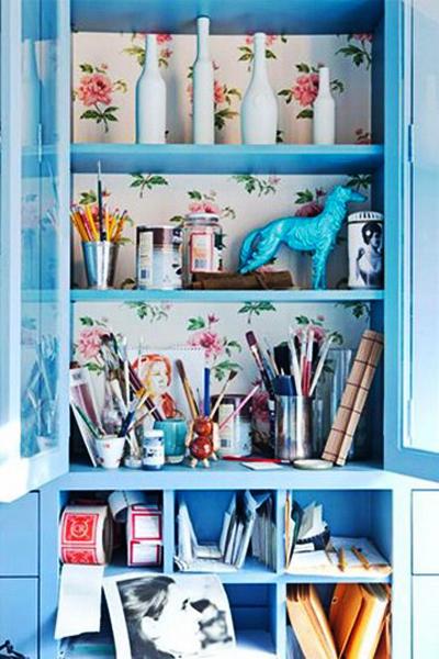 shelving and storage furniture decoration with modern wallpaper