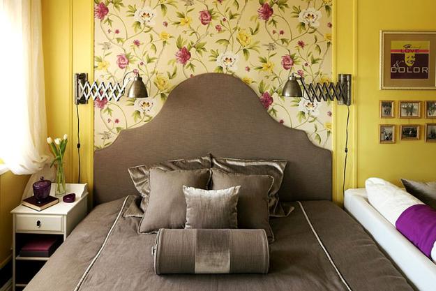  small bedroom decoration with yellow wall colors and floral wallpaper 