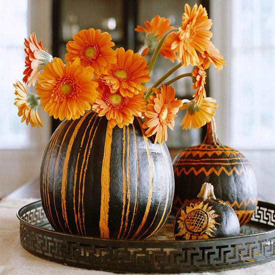  fall decorations, floral arrangements in handmade pumpkin pots and vases 