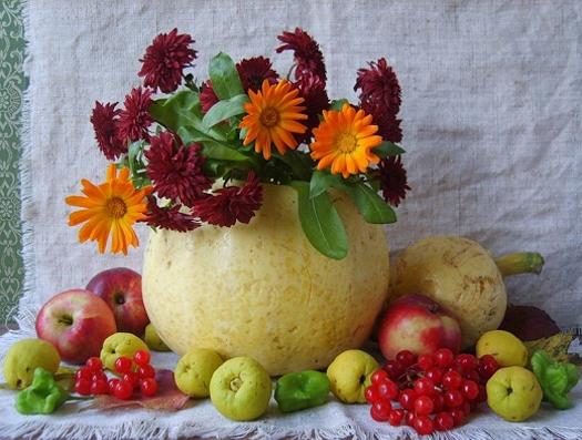 fall decorations, floral arrangements in handmade pumpkin pots and vases
