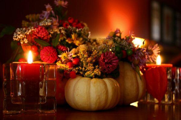 fall decorations, floral arrangements in handmade pumpkin pots and vases