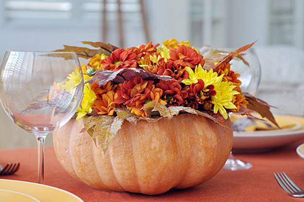 fall decorations, floral arrangements in handmade pumpkin pots and vases