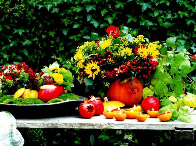 fall decorations, floral arrangements in handmade pumpkin pots and vases