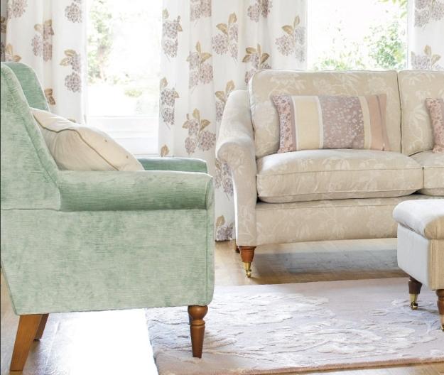  modern home fabrics in pastel colors, upholstered furniture, curtains, sheets, pillows 