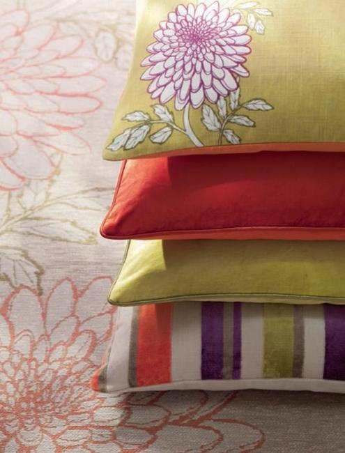 modern home fabrics in pastel colors, upholstered furniture, curtains, sheets, pillows