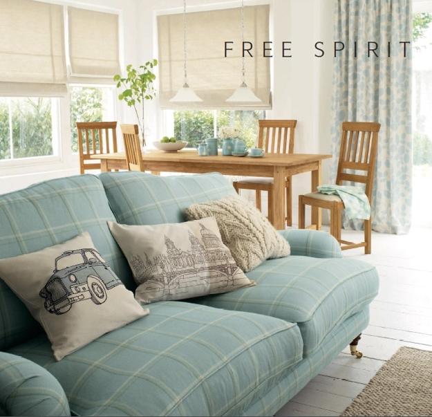 modern home fabrics in pastel colors, upholstered furniture, curtains, sheets, pillows
