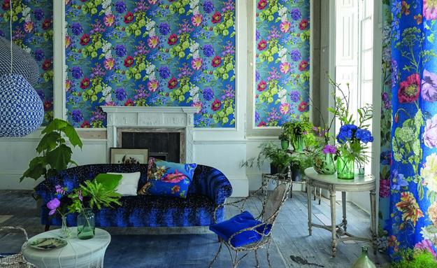 modern room decorate with beautiful wallpaper and home textiles