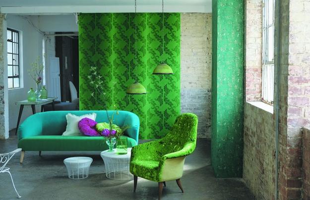 modern room decorate with beautiful wallpaper and home textiles