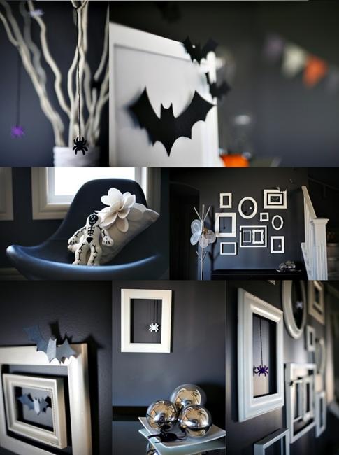 Halloween decoration in black and white colors with orange accents