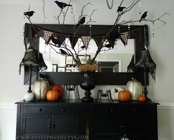 Halloween decoration in black and white colors with orange accents