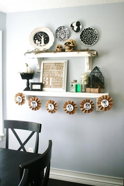 Halloween decoration in black and white colors with orange accents