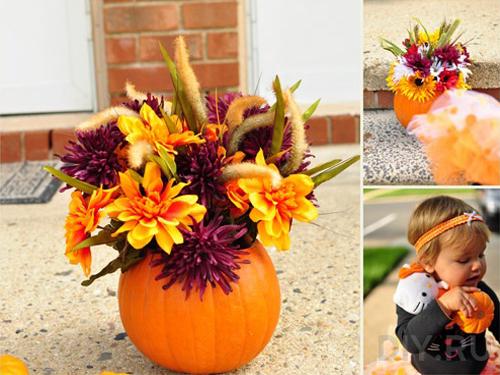 falling, ideas for table decoration with pumpkin and flowers