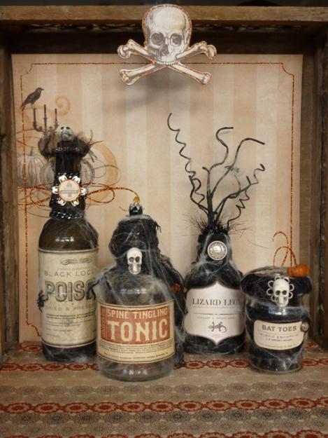 halloween decorating with vintage glass bottles and jars