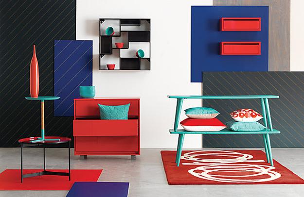 interior design with blue and red colors, modern decorative patterns