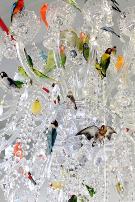modern crystal chandelier with colorful birds decorations