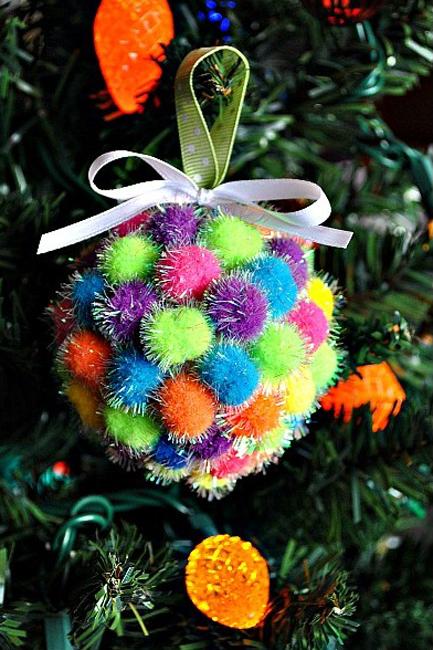  handmade Christmas tree ornaments and holiday ornaments created with pompons 