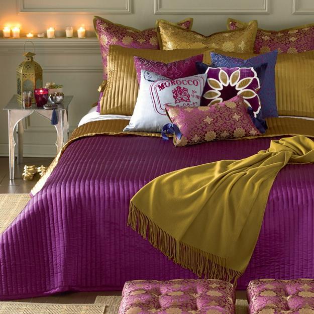  golden yellow shades and purple colors for bedroom decorating 