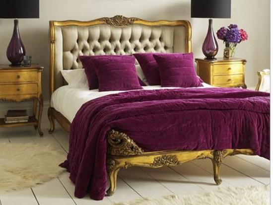 bedroom decor, bedding fabrics in white and purple colors