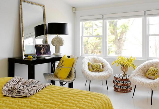 modern interior with black and white color combinations and colorful accents, modern rooms