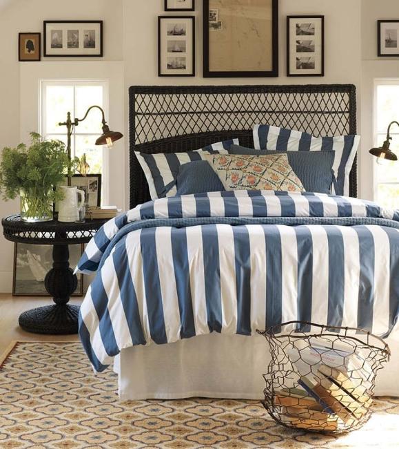 White and blue bedding set with stripes, old ship photos stressed nautical decor theme 