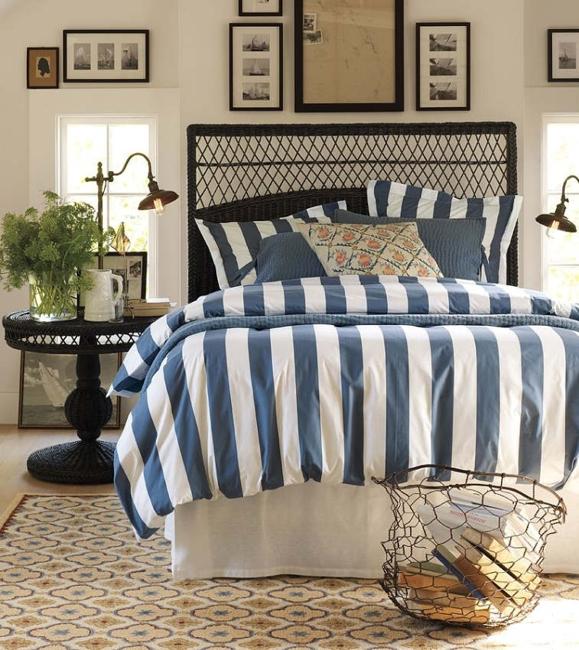 White and blue bedding set with stripes, old ship photos stressed nautical decor theme