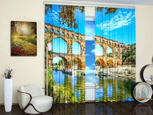 modern window treatments, curtains and blinds with digital art print