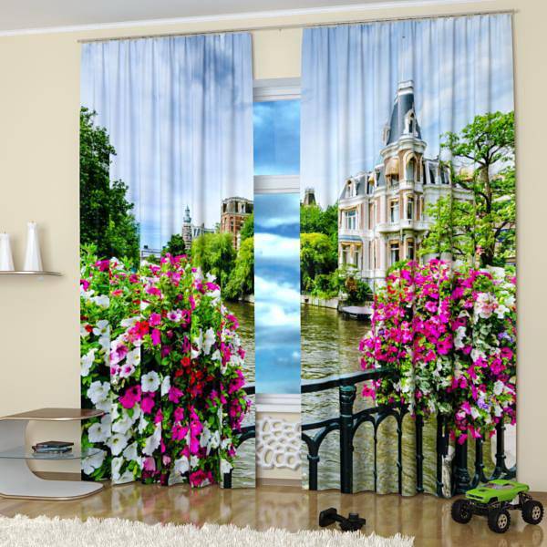 modern window treatments, curtains and blinds with digital art print