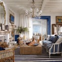 modern interiors with striped decor in white and blue, decorative patterns