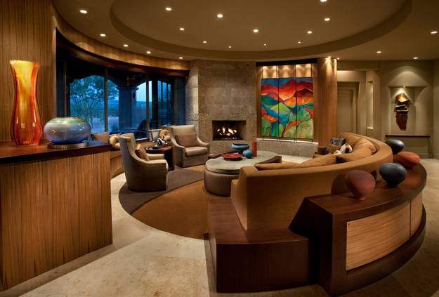  Living room furniture placement, interior with circular sofa 