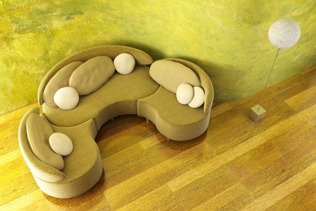  Living room furniture placement, interior design with round bed 