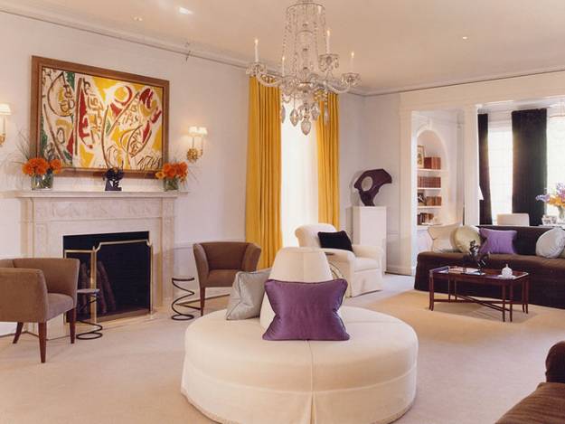  Living room furniture placement, interior with round sofa 