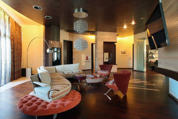  Living room furniture placement, interior with circular sofa 