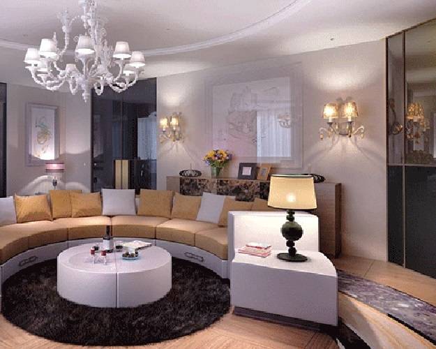 Living room furniture placement, interior with circular sofa