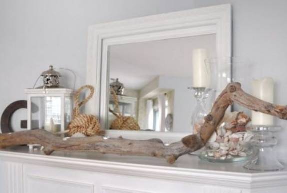 natural materials and decorations for mantelpiece