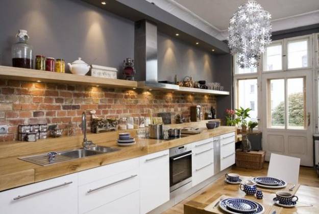 modern kitchen decor with brick accent wall