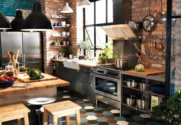 modern kitchen decor with brick accent wall