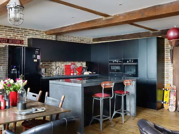 modern kitchen decor with brick accent wall
