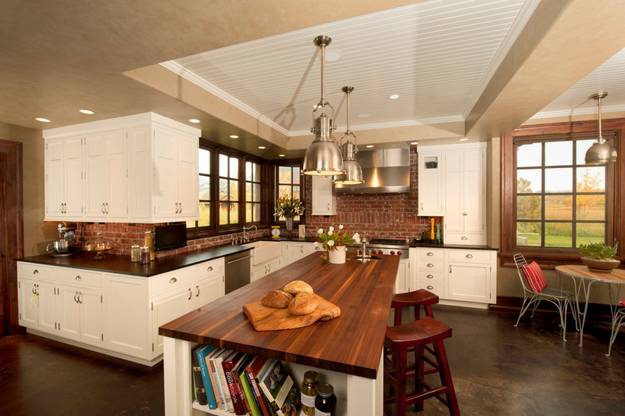 modern kitchen decor with brick accent wall