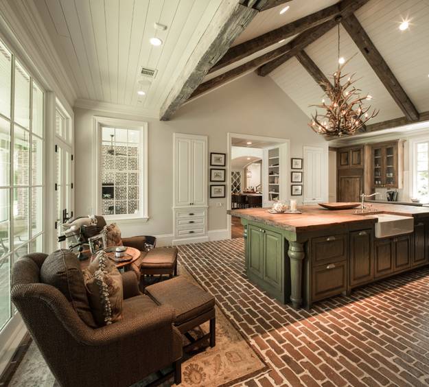 modern kitchen decor with brick accent wall
