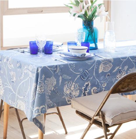 tablecloth in white and blue colors with floral patterns
