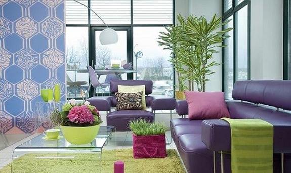 modern living room design with decorative elements in green color and red color
