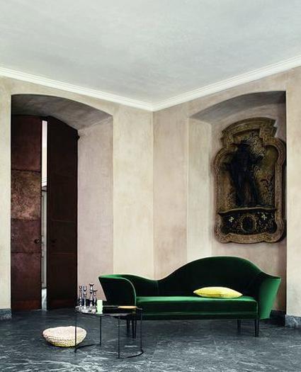 Interior decoration with green accessories, furniture upholstery and green paint