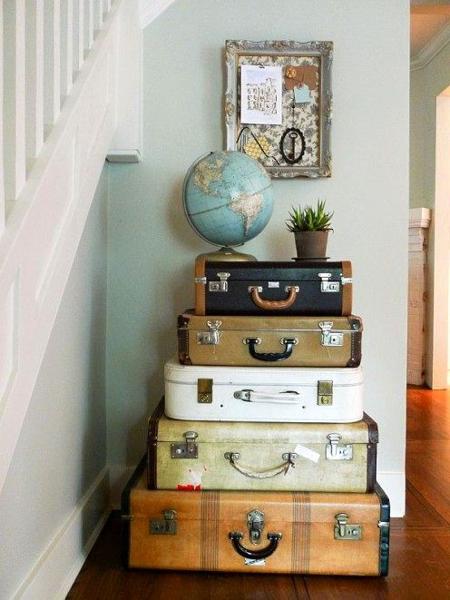 Recycling of old suitcases for home furnishings in vintage style